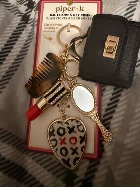 Piper Gold-Tone Lipstick, Mirror & Heart Key Chain Charm - Red, Black & Gold
